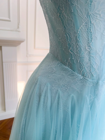 Classy Spaghetti Straps Tulle Lace A Line Evening Dress,Blue Long Wedding Guest Dress D2984