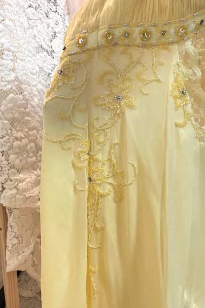 Classy Halter Yellow Lace Chiffon Beaded Mermaid Long Evening Gown Party Dress D1888