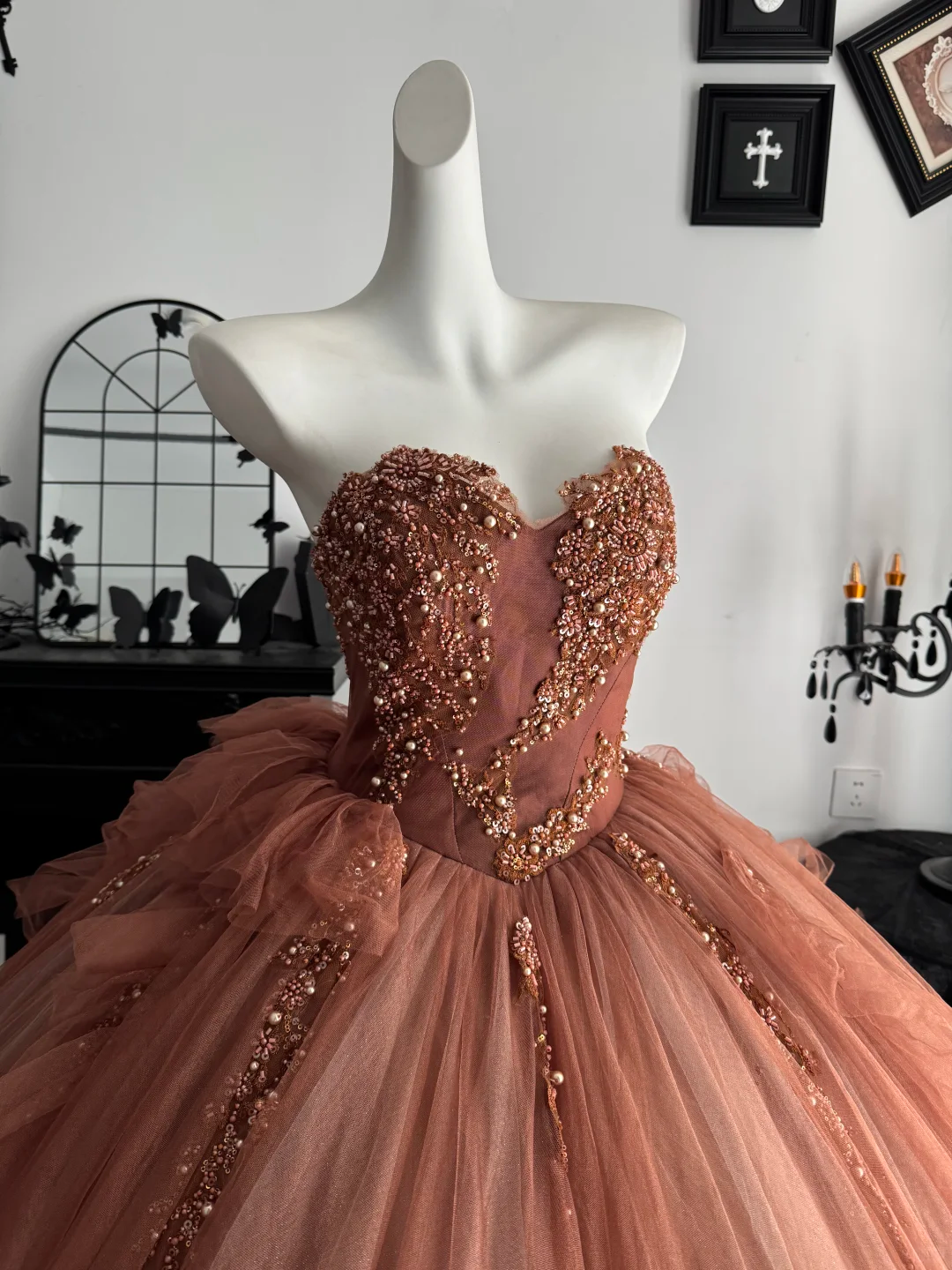 Retro Caramel Strapless Tulle Beaded Long Birthday Quinceanera Dress Sweet 16 Dress D4713