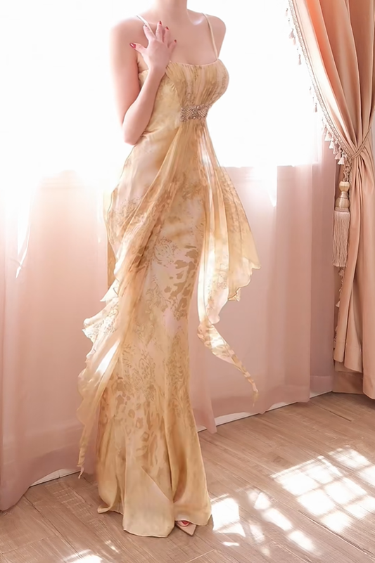 Classy Spaghetti Straps Chiffon Print Floral Mermaid Long Party Dress Evening Dress D2749
