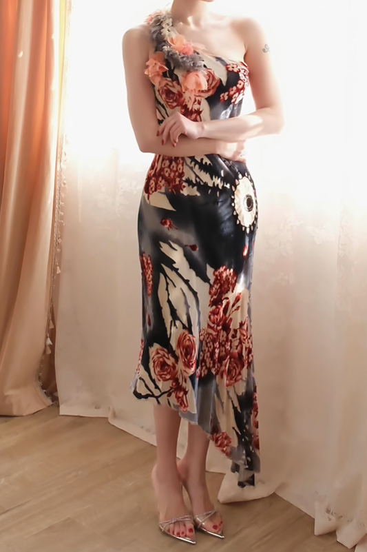 Unique One Shoulder Chiffon Print Floral Mermaid Evening Dress Long Prom Gowns D2727