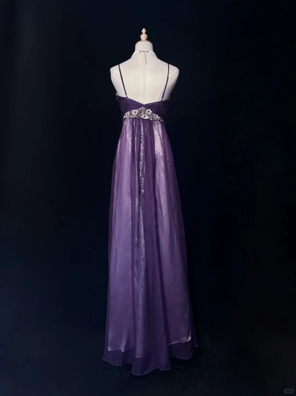 Elegant Spaghetti Straps Lavender Satin Chiffon Sequin Evening Dress Long Wedding Guest Dress D3118