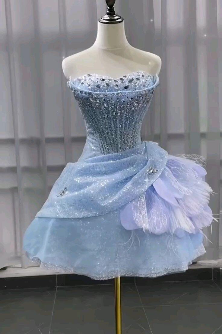 Elegant Blue Sequin Beaded Short 8th Grade Homecoming Dress,Strapless A Line Short 15th Birthday Outfits D3006