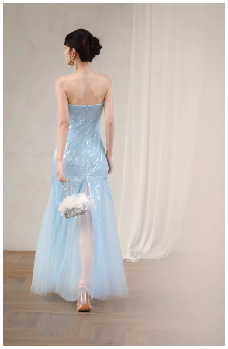 Charming Strapless Blue Tulle Sequin Beaded Mermaid Long Evening Dress Birthday Party Gown D2436