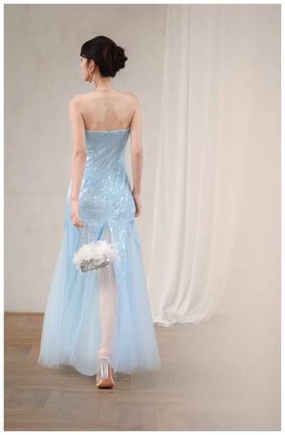 Charming Strapless Blue Tulle Sequin Beaded Mermaid Long Evening Dress Birthday Party Gown D2436