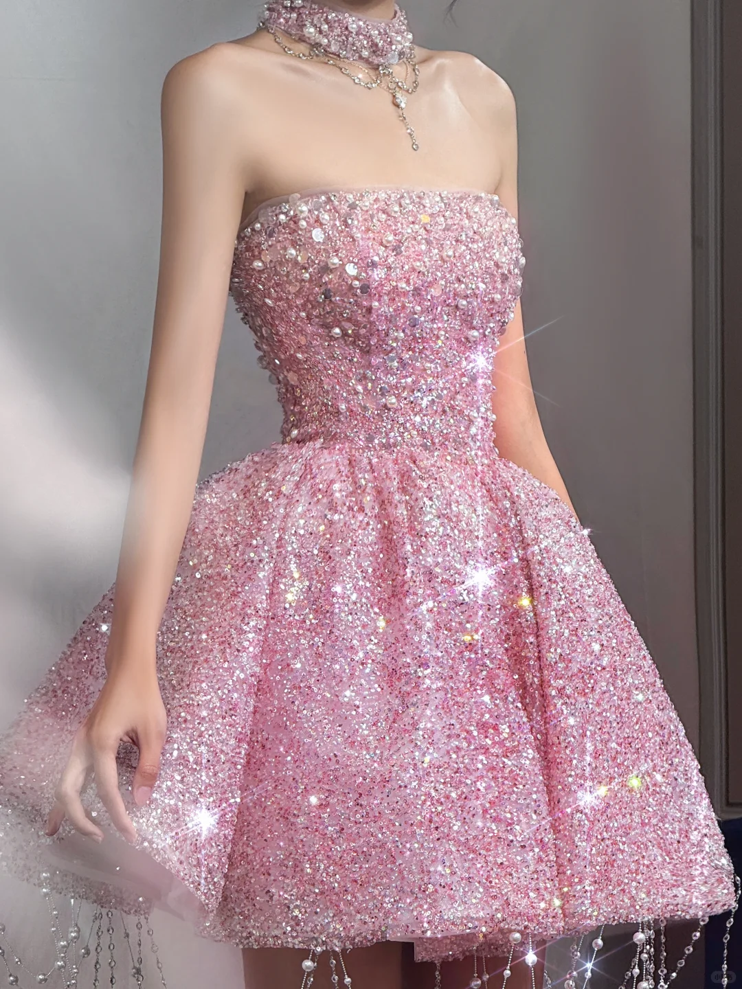 Gorgeous Pink Strapless Sequin Beaded A Line Short Homecoming Dress Birthday Dress With Tassel D3065