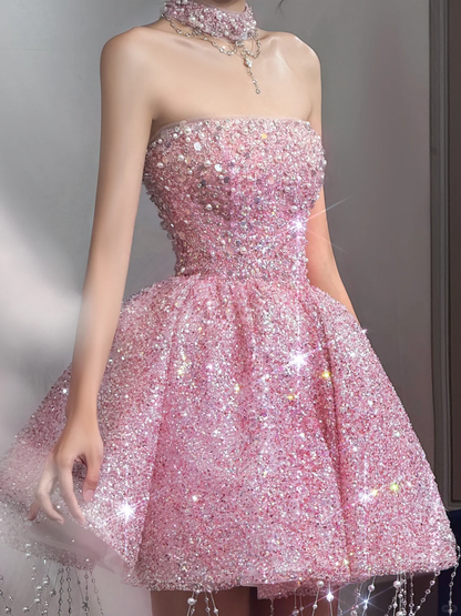 Gorgeous Pink Strapless Sequin Beaded A Line Short Homecoming Dress Birthday Dress With Tassel D3065