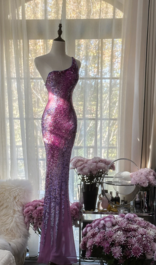 Glamorous Ombre Purple One Shoulder Chiffon Sequin Beaded Mermaid Long Evening Dress Birthday Party Dress D2096