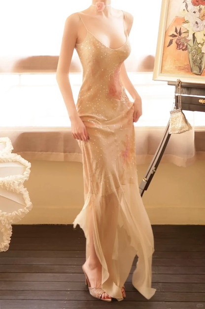 Classy Spaghetti Straps Cream Apricot Chiffon Print Floral Sequin Mermaid Evening Dress Long Prom Gowns D2767