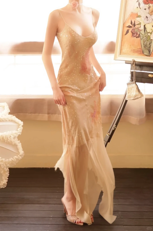 Classy Spaghetti Straps Cream Apricot Chiffon Print Floral Sequin Mermaid Evening Dress Long Prom Gowns D2767