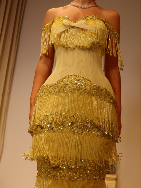 Gorgeous Off The Shoulder Satin Beaded Tassel Long Party Dress Yellow Long Birthday Evening Gowns D5242
