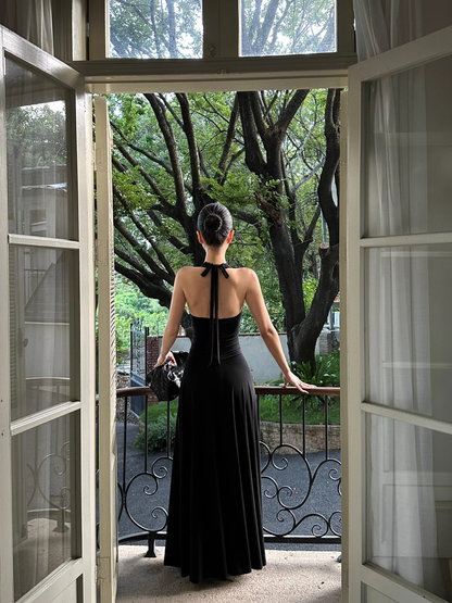 Sexy Black Halter Satin A Line Long Birthday Party Dress Evening Dress Formal Wedding Guest Dress D2079