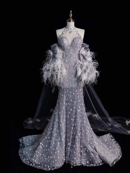Charming Halter Tulle Sequin Beaded Mermaid Long Evening Dress Birthday Party Dress With Feathers Cape D4857