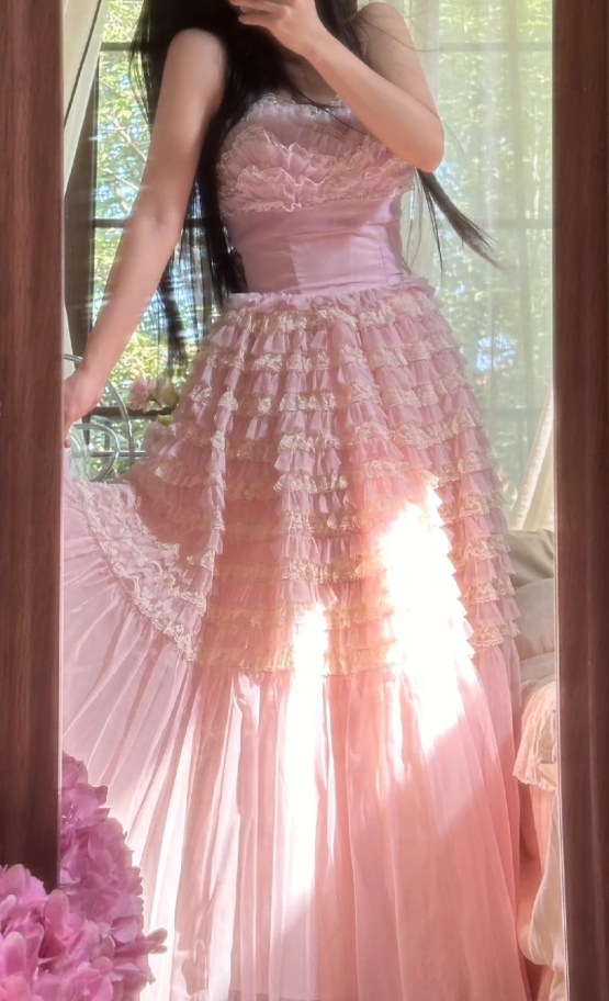 Sweet Strapless Pink Tulle Pleated A Line Long Party Dress Princess Birthday Prom Gowns D2309