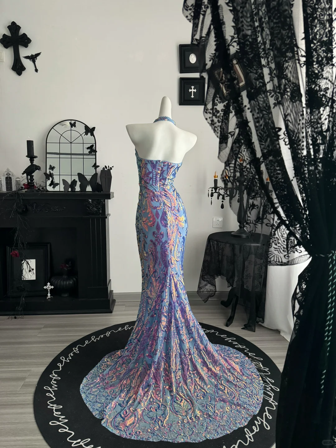Sexy Halter Satin Sequin Mermaid Evening Dress，Purple Long Party Dress D3714
