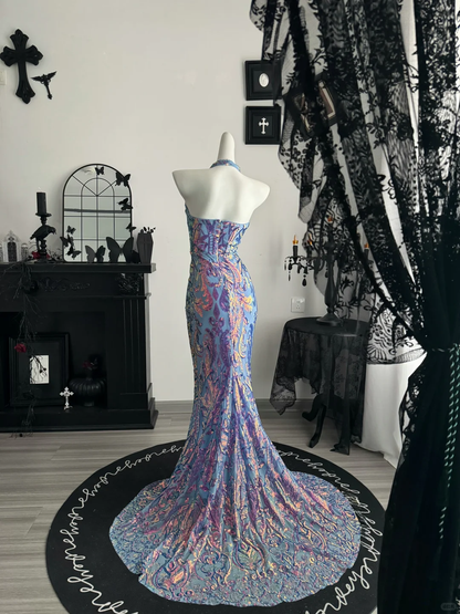 Sexy Halter Satin Sequin Mermaid Evening Dress，Purple Long Party Dress D3714