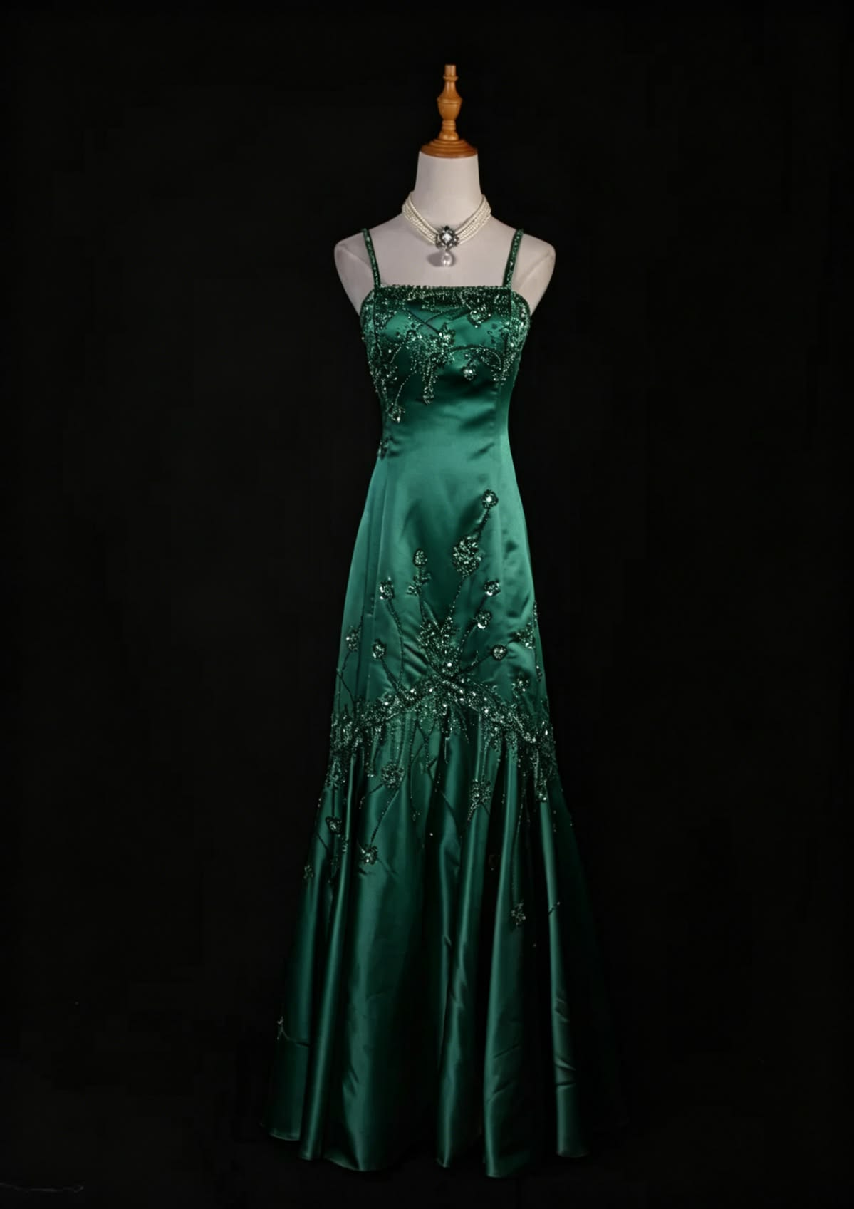 Stylish Spaghetti Straps Green Satin Beaded Mermaid Long Evening Dress Party Gown D4948