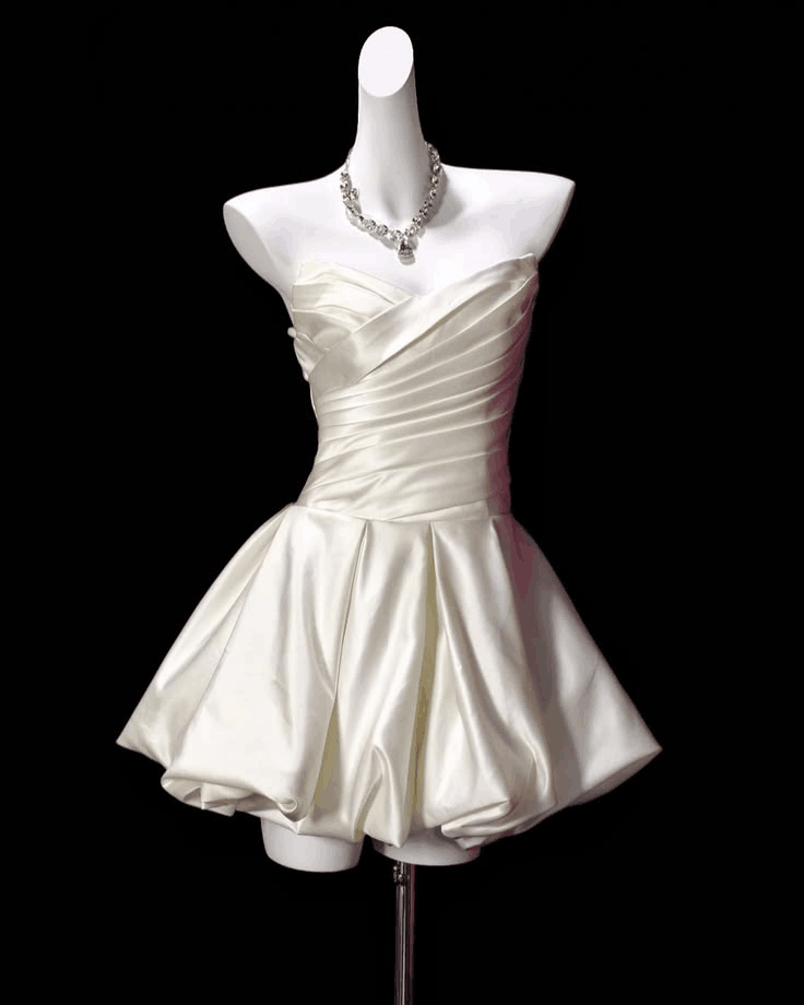 Cute White Strapless Satin A Line Short Homecoming Dress Cocktail Dress D4023