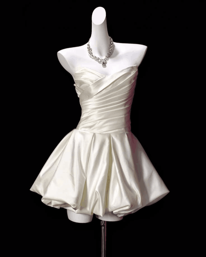 Cute White Strapless Satin A Line Short Homecoming Dress Cocktail Dress D4023