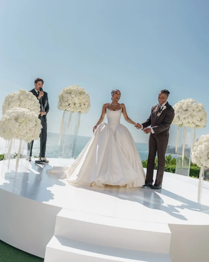 Elegant White Spaghetti Straps Satin Ball Gown Long Wedding Dress D1274