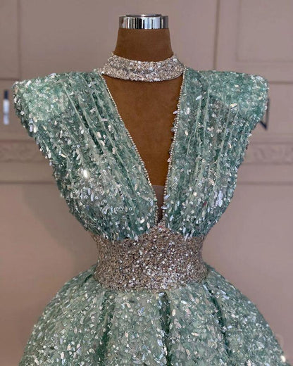 Gorgeous Mint Green V Neck Sequin Beaded A Line Short Homecoming Dress Cocktail Dress D4232