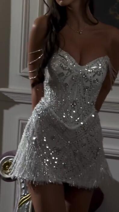 Shiny Off The Shoulder Satin Beaded Tassel Short Homecoming Dress Birthday Dress D4436