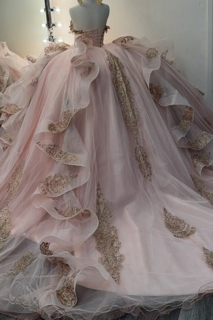 Pretty Pink Off The Shoulder Tulle Beaded Appliques Quinceanera Dress Sweet 16 Dress D1393