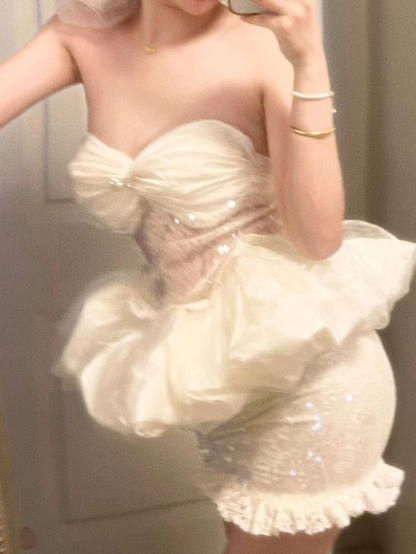 Classy Strapless Tulle Sequin White Sheath Short Prom Dress 16th Birthday Outfits D772