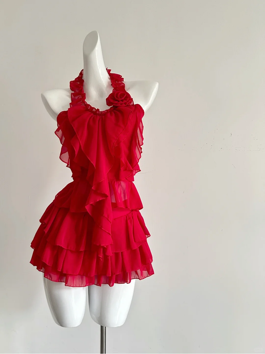 Sexy Halter Chiffon Cocktail Dress Red Holiday Dress S324
