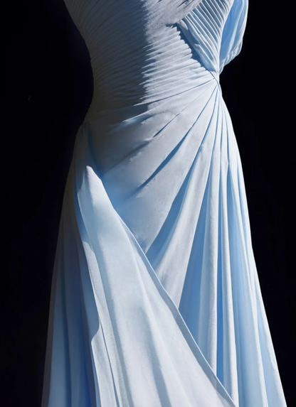 Classy Sky Blue One Shoulder Chiffon Pleated Mermaid Party Dress Long Wedding Guest Dress Evening Gown D1851