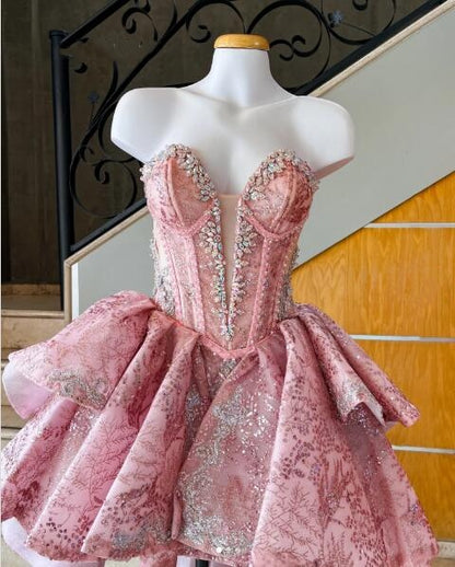 Sparkly Pink Satin Tulle Sequin Beaded A Line Short Homecoming Dress ,Sweetheart Neck Short Birthday Dress D4095