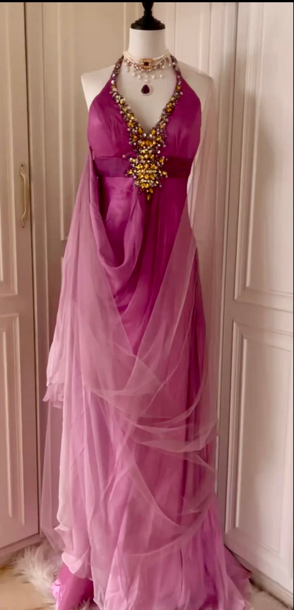 Sexy Ombre Purple Halter Satin Beaded Mermaid Long Evening Dress Backless Birthday Prom Dress D3095