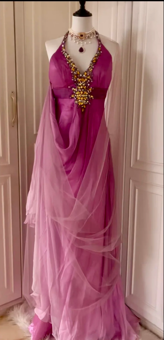 Sexy Ombre Purple Halter Satin Beaded Mermaid Long Evening Dress Backless Birthday Prom Dress D3095