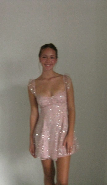 Sparkly Tulle Sequin A Line Pink Short Prom Dress Formal Homecoming Dress Birthday Dress D588