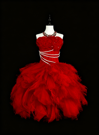 Fairy Red Strapless Tulle Beaded A Line Short Homecoming Dress Birthday Outfits D4064
