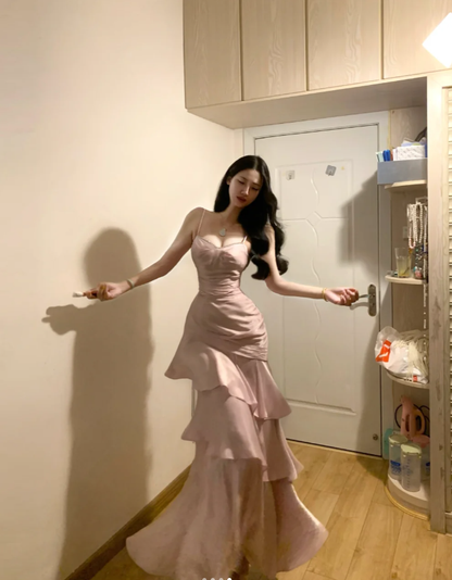 Sweet Pink Spaghetti Straps Satin Layered Mermaid Evening Dress Formal Party Gown Guest Dress D852
