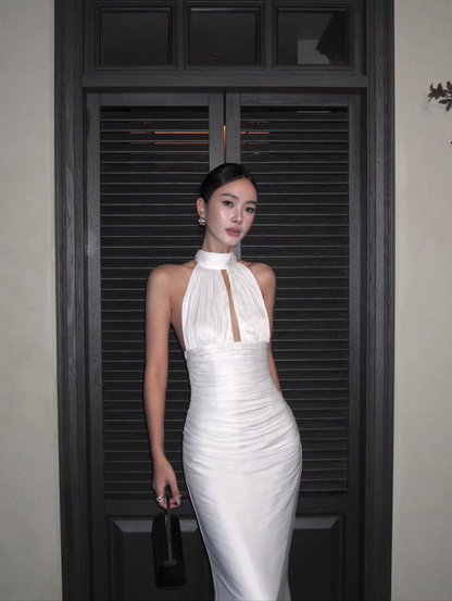 Sexy Halter White Satin Pleated Mermaid Long Wedding Guest Dress Birthday Prom Dress Evening Gown D2130