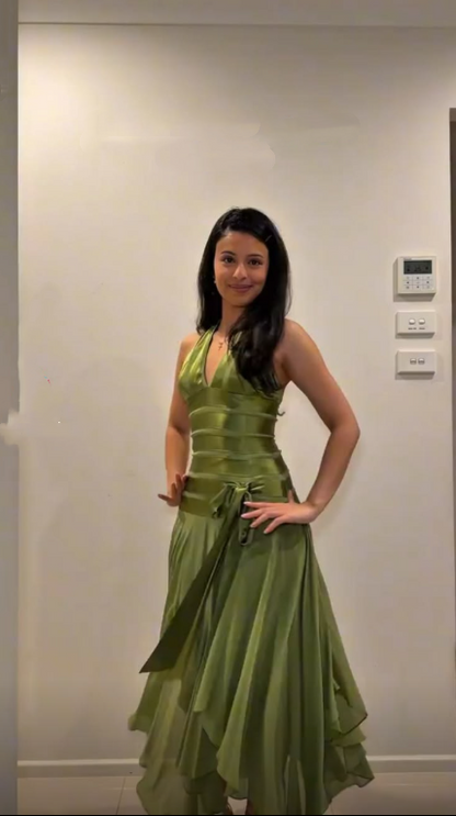 Classy Halter V Neck Green Satin Chiffon Mermaid Long Party Dress Evening Dress D4392