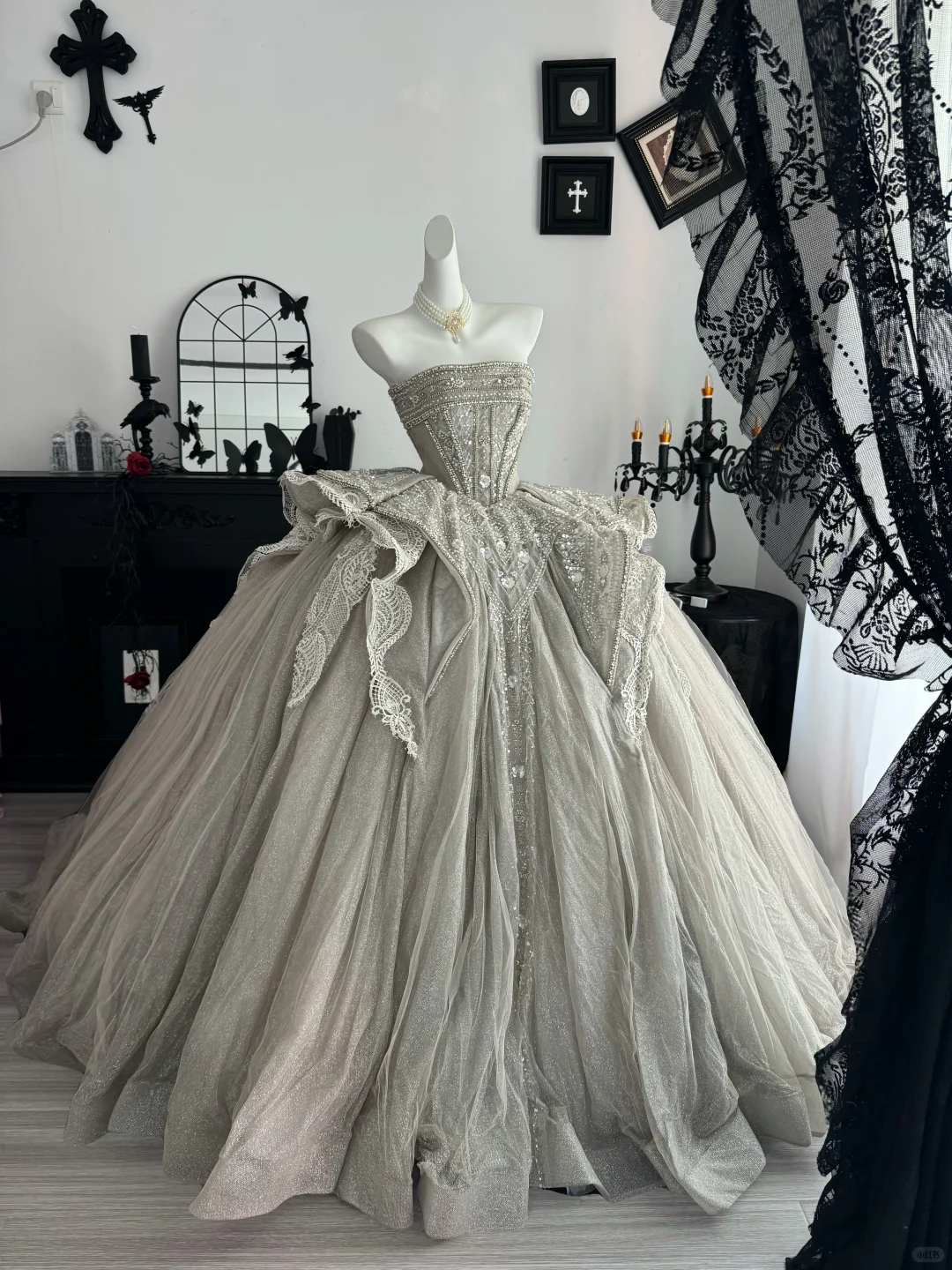 Vintage Strapless Gray Tulle Beaded Long Wedding Dress Bridal Gown D3697