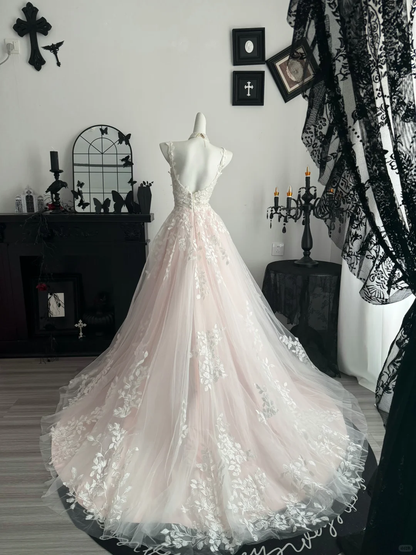 Glamorous Pink Spaghetti Straps Tulle Appliques Long Party Dress Evening Dress D3709