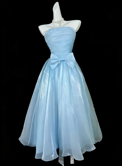 Elegant Strapless Blue Tulle Bow A Line Party Dress Long Birthday Prom Gowns D4184