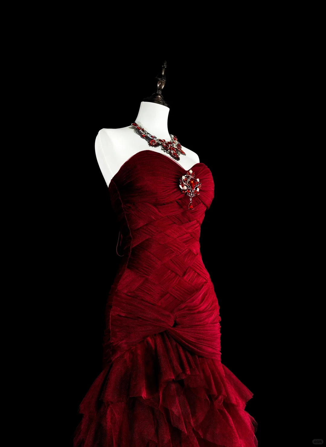 Charming Strapless Tulle Pleated Ruffles Mermaid Long Prom Dress Burgundy Evening Dress D5386