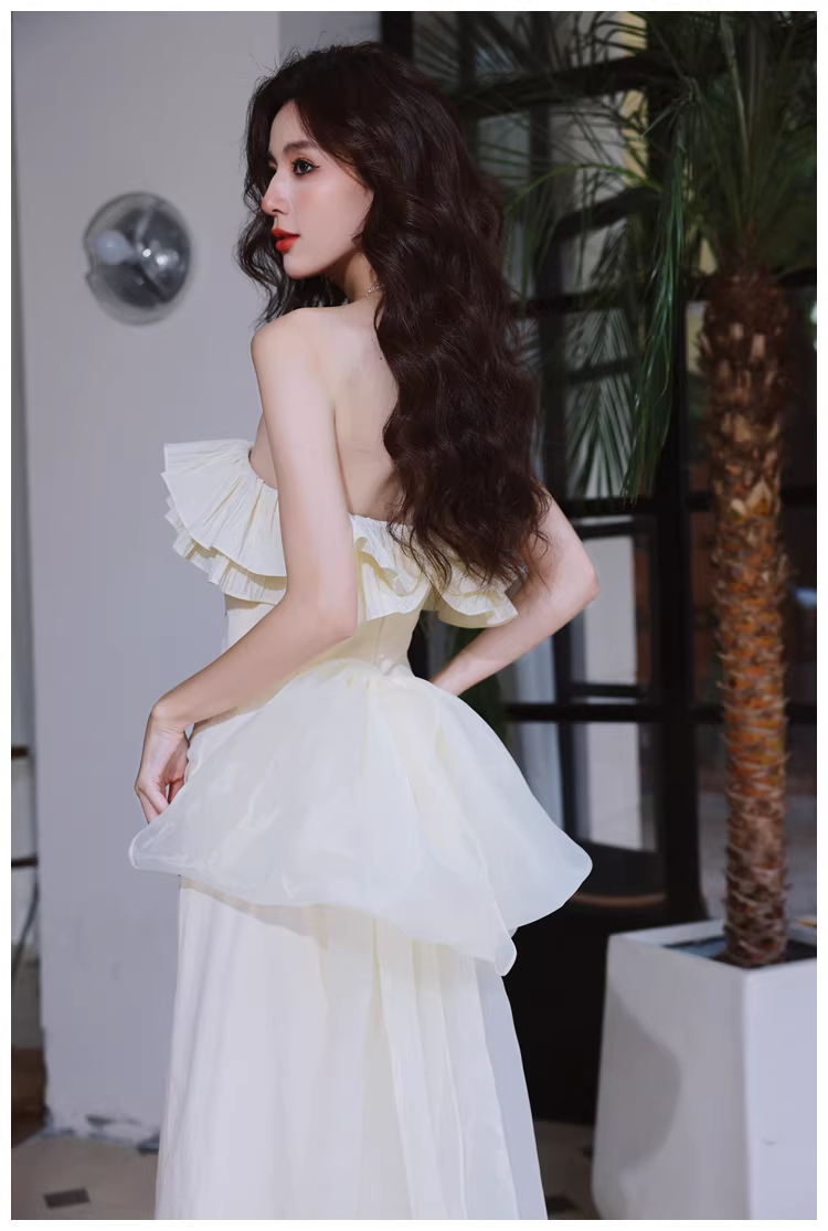 Elegant Beige Strapless Satin Pleated Mermaid Slit Long Evening Dress Birthday Party Dress With Bow D2418
