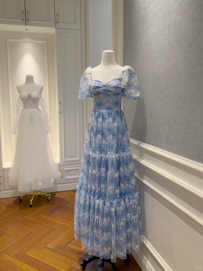Elegant Sweetheart Neck Blue Tulle A Line Long Party Dress Prom Dress D2947