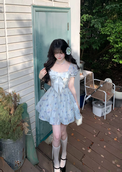 Cute Blue Chiffon Printed Floral A Line Short Prom Dress Formal Graduation Homecoming Dress D107