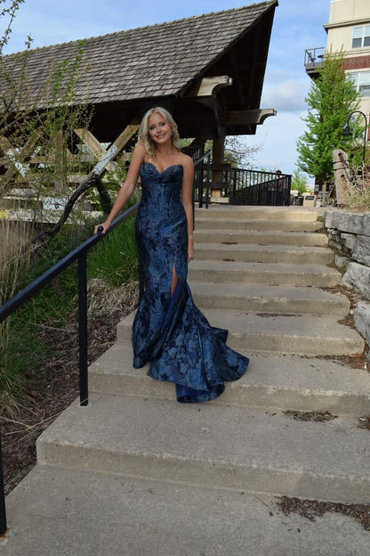 Elegant Sweetheart Neck Satin Floral Prom Dress Navy Blue Slit Mermaid Long Evening Dress D5176