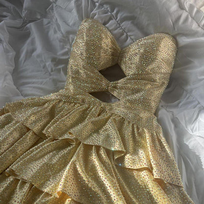 Sparkly Sweetheart Neck Satin Beaded Layered A Line Short Graduation Homecoming Dress,Yellow Short Birthday Outfits D4029