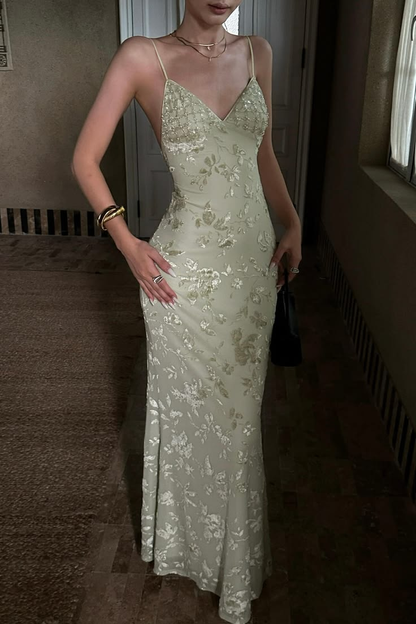 Pretty Spaghetti Straps Satin Floral Beaded Long Party Dress Sage Green Mermaid Long Evening Gown D4917