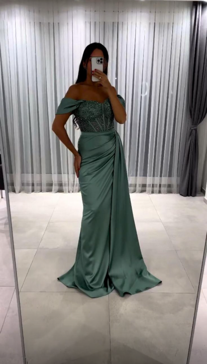 Elegant Green Satin Pleated Beaded Mermaid Long Party Dress Off The Shoulder Evening Dress D5056