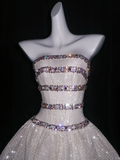 Glitter Strapless Tulle Sequin Beaded Long Wedding Dress D3077